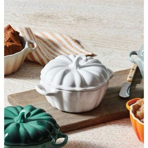 Staub Ceramic 2 PC 16oz Petite Pumpkin Cocotte Set Glossy Ivory - Picture 2 of 10